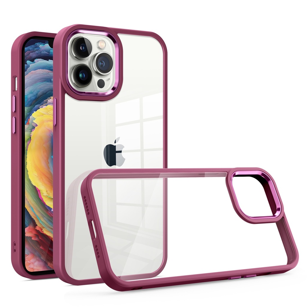 iPhone 14 PRO MAX 6.7" Finest Transparent Thick Acrylic Hybrid Metal
Buttons Cover Case - Burgundy
