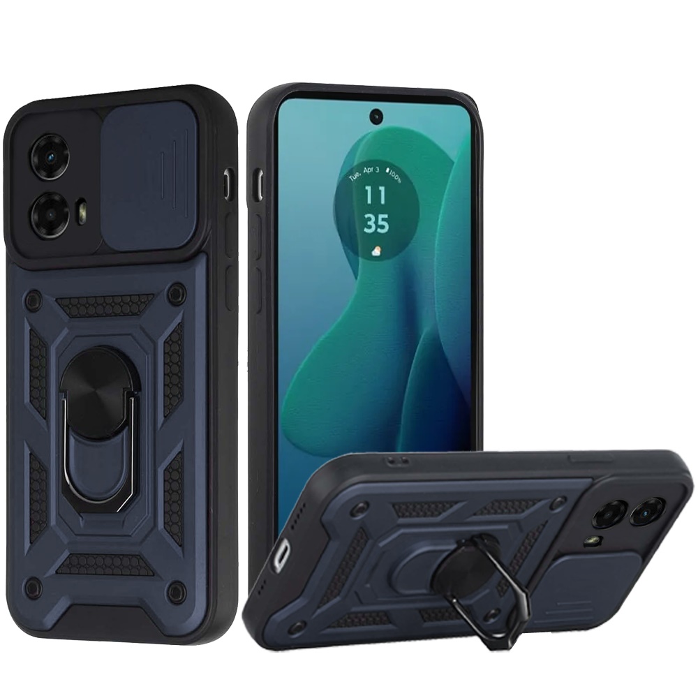 Motorola Moto G 5G 2024 ELITE Camera Push Magnetic Ring Stand Hybrid Case Cover - Blue