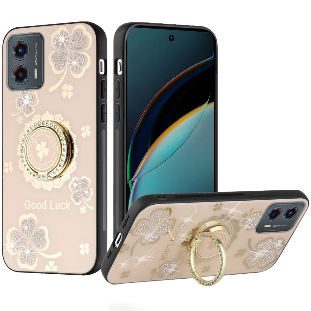 Motorola Moto G 5G 2024 SPLENDID Diamond Glitter Ornaments Engraving Case Cover - Good Luck Floral Gold