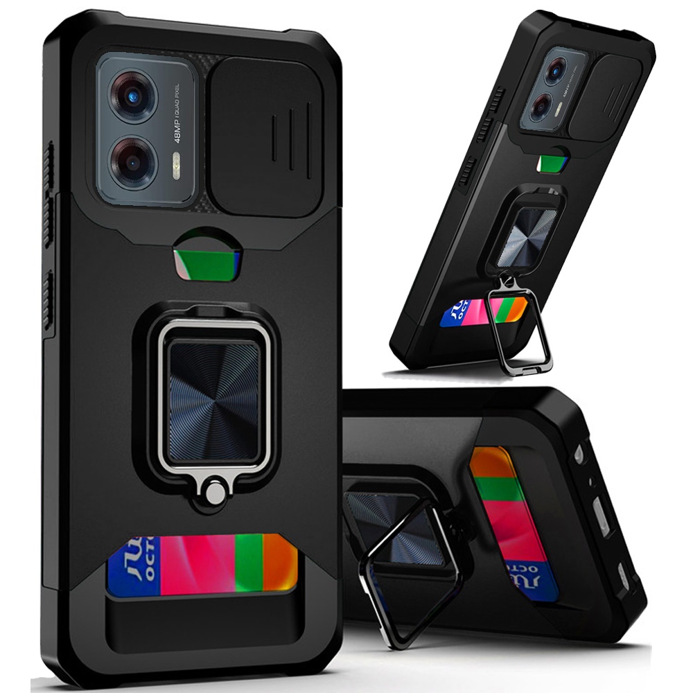 Moto G 5G 2024 Multi-Functional Card Magnetic Ring Stand Hybrid Camera Case Cover - Black