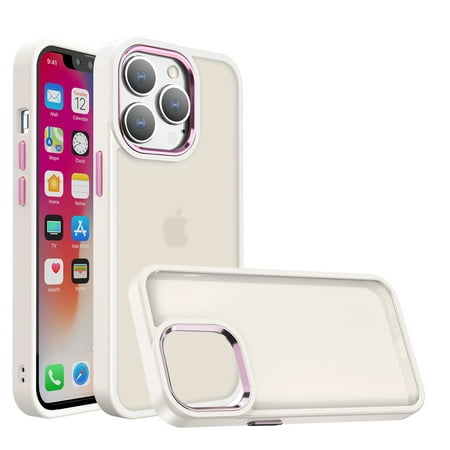 For iPhone 12 iPhone 12 Pro Polished Oil Thick Acrylic Metal Button Hybrid Case Cover - Beige