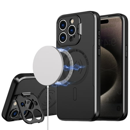 For iPhone 15 Magnetic Ring Circle Camera Cap Kickstand Hybrid Uv Paint Matte Finish Case - Black