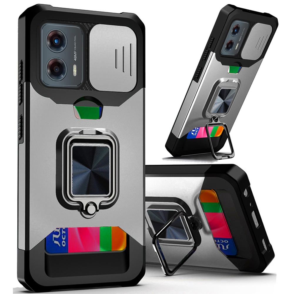 Motorola Moto G Stylus 5G 2024 - Multi-Functional Card Magnetic Ring Stand Hybrid Camera Case Cover - Silver