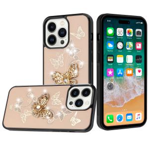 For iPhone 15 SPLENDID Diamond Glitter Ornaments Engraving Case Cover - Garden Butterflies Gold 