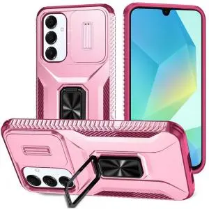 For Samsung A16 5G Complete Magnetic Metal Ring Stand Camera Protection Hybrid - Pink+Burgundy 