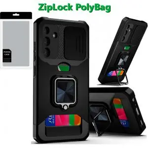 [PolyBag] For Samsung A16 5G Multi-Functional Card Magnetic Ring Stand Hybrid Camera Case Cover - Bl 