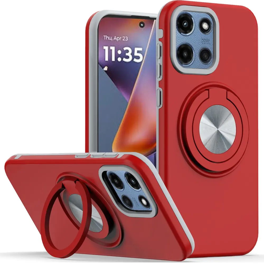 For Motorola Moto G 5G 2025 Metal CD Pattern Matte Finished Hybrid with Rotational Ring [Car Mount Friendly] Case - Red 
