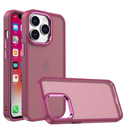 For iPhone 13/14 Polished Oil Thick Acrylic Metal Button Hybrid Case Cover - Burgundy 