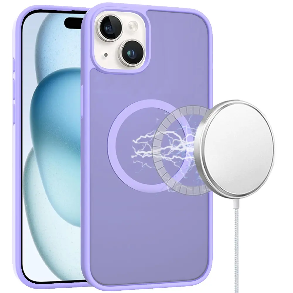 For iPhone 15 [Magnetic Circle] Smooth Safe Matte Feel Hybrid Case - Light Purple 