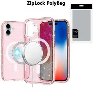 [PolyBag] For iPhone 16 6.1 inch Glitter Ultra [Magnetic Circle] Thick 3mm Transparent Hybrid - Pink 