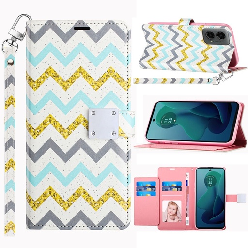 [QBWMSDS-24MG5g-Zig] Motorola Moto G 5G 2024 Design Wallet ID Credit Card Money Holder with Magnetic Metal Closure including Lanyard - Zigzag