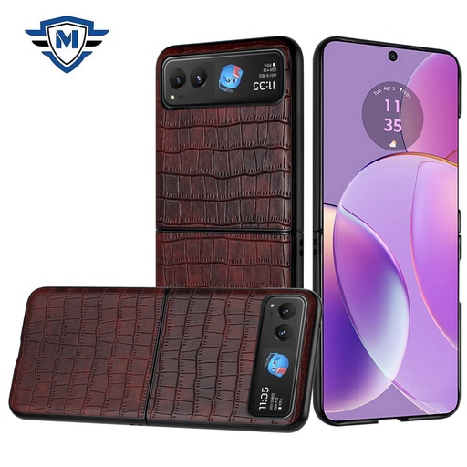 [MKFLPU-MotRazr-Brn] Motorola Razr 2023 METKASE PU Vegan Leather Premium Hard Snap On Case Cover in Slide-Out Package - Brown