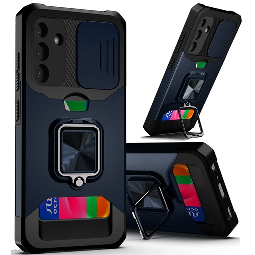 [QBCRCM-A15-Blue] Samsung A15 5G Multi-Functional Card Magnetic Ring Stand Hybrid Camera Case Cover - Blue