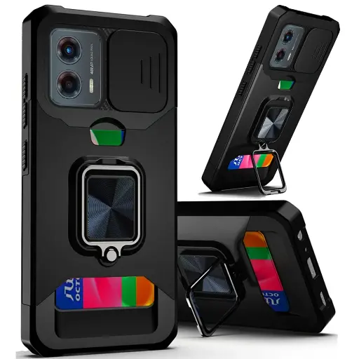 [QBCRCM-24STYL5G-BK] 	
For Motorola G Stylus 5G 2024 Multi-Functional Card Magnetic Ring Stand Hybrid Camera Case Cover-Black