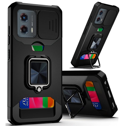[QBCRCM-24MG5g-BK] Moto G 5G 2024 Multi-Functional Card Magnetic Ring Stand Hybrid Camera Case Cover - Black