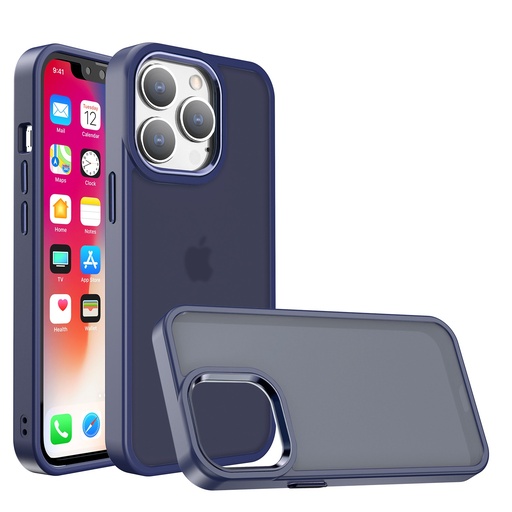 [QBPOLS-iP126.1-Blue] iPhone 12 & iPhone 12 Pro Polished Oil Thick Acrylic Metal Button Hybrid Case Cover - Dark Blue
