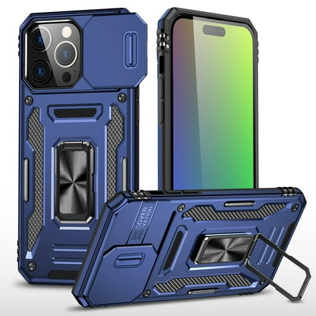 [QBUTR-iP15-NBL] For iPhone 15 Utter Tough Metal Ring Movable Camera Window Hybrid Case Cover - Navy Blue