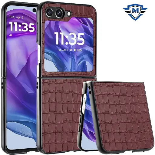 [Moto G stylus 2024] Metkase PU Vegan Leather Premium Hard Snap On Case Cover In Slide-Out Package For Motorola Razr 2024 - Brown
