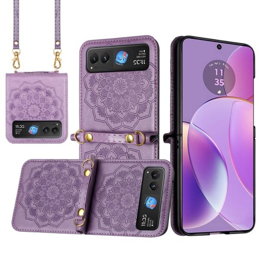 [Moto razor 2023] Motorola Razr 2023 Embossed Floral Design Case Cover with Strap – Purple 