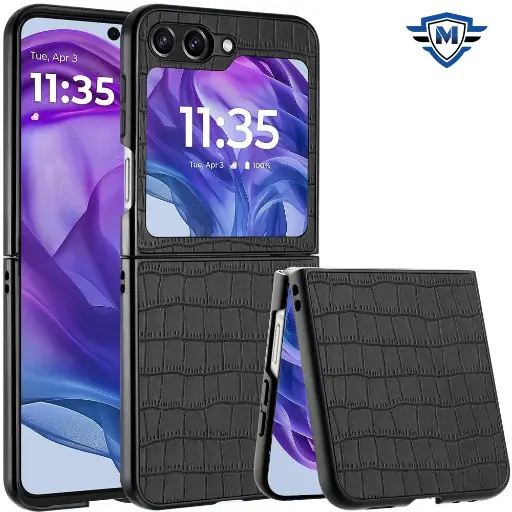 [Moto Razr 2024] Metkase PU Vegan Leather Premium Hard Snap On Case Cover In Slide-Out Package For Motorola Razr 2024 - Black