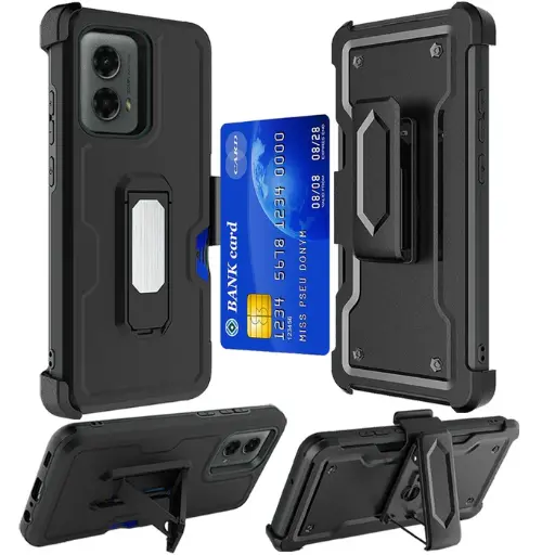 [Moto g stylus 2024] Motorola Moto G Stylus 5G (2024) 3-in-1 Holster Clip Combo Case (with Card Holder and Magnetic Kickstand) - Black