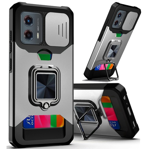 [Qbcrm-24styl5g-silv] Motorola Moto G Stylus 5G 2024 - Multi-Functional Card Magnetic Ring Stand Hybrid Camera Case Cover - Silver
