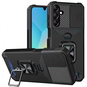 [QBCRCM-5gA16-BK] For Samsung A16 5G Multi-Functional Card Magnetic Ring Stand Hybrid Camera Case Cover - Black