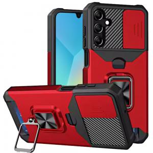 [QBCRCM-5gA16-Red] For Samsung A16 5G Multi-Functional Card Magnetic Ring Stand Hybrid Camera Case Cover - Red 