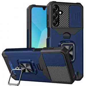 [QBCRCM-5gA16-Blue] For Samsung A16 5G Multi-Functional Card Magnetic Ring Stand Hybrid Camera Case Cover - Blue 