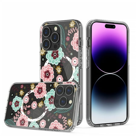 [MGDSGN-IP14-B] For iPhone 13/14 Beautiful Floral [Magnetic Circle] ShockProof Transparent Hybrid Design - B 