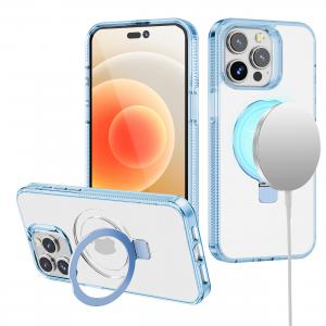 [MGDOT-IP14-LBlue] For iPhone 13/14 Dotted Edged Line Transparent HQ Magnetic Ring Stand Hybrid - Light Blue 