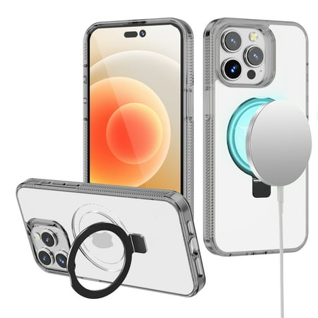 [MGDOT-iP15-BK] For iPhone 15 Dotted Edged Line Transparent HQ Magnetic Ring Stand Hybrid - Black 