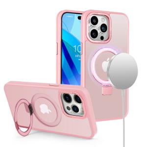 [MGMETL-iP15-Pnk] For iPhone 15 Metal Chrome Kickstand [Magnetic Circle] Shockproof Matching Camera Hybrid - Pink 