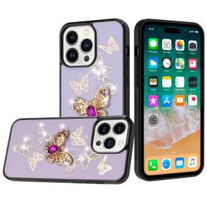 [QBSPLNDX-iP15-PGRD] For iPhone 15 SPLENDID Diamond Glitter Ornaments Engraving Case Cover - Garden Butterflies Purple 