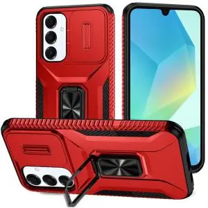 [QBCMPLTE-5gA16-Red] Samsung A16 5G Complete Magnetic Metal Ring Stand Camera Protection Hybrid - Red