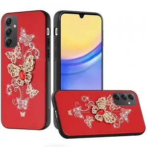 [QBSPLNDX-5gA16-RGRD]  Samsung A16 5G SPLENDID Diamond Glitter Ornaments Engraving Case Cover - Garden Butterflies Red