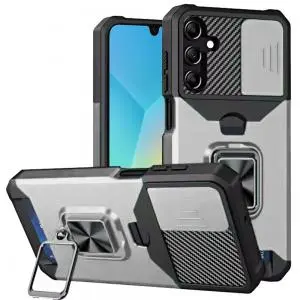 [QBCRCM-5gA16-SLV] For Samsung A16 5G Multi-Functional Card Magnetic Ring Stand Hybrid Camera Case Cover - Silver 