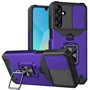 [QBCRCM-5gA16-DPrp] For Samsung A16 5G Multi-Functional Card Magnetic Ring Stand Hybrid Camera Case Cover - Dark Purple 