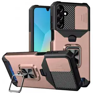 [QBCRCM-5gA16-RGold] For Samsung A16 5G Multi-Functional Card Magnetic Ring Stand Hybrid Camera Case Cover - Rose Gold 