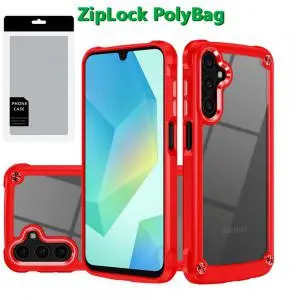 [PGCASEX-5gA16-Red] [PolyBag] For Samsung A16 5G Ultimate CaseX Transparent Hybrid Case with Metal Buttons And Camera Ed 