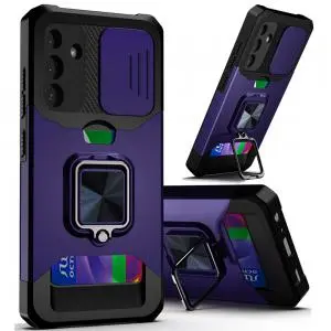 [QBCRCM-A36-DPrp] For Samsung Galaxy A36 Multi-Functional Card Magnetic Ring Stand Hybrid Camera Case Cover - Dark Pur 