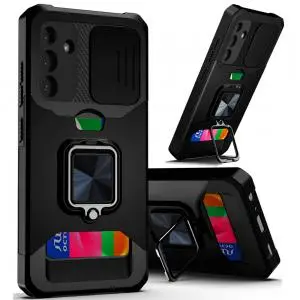 [QBCRCM-A36-BK] For Samsung Galaxy A36 Multi-Functional Card Magnetic Ring Stand Hybrid Camera Case Cover - Black 