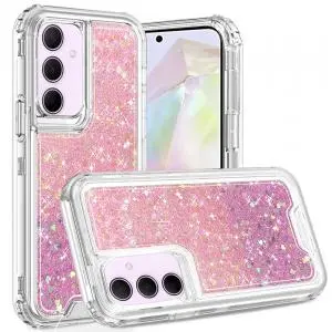 [QBSTEPXY-A36-PNKLP] For Samsung Galaxy A36 Epoxy Sticker Glitter 3in1 Shockproof Transparent Hybrid Case - Pink + Light 