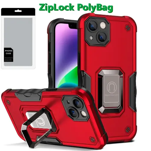 [PGOPTI-ip14-Red] [PolyBag] For iPhone 13/14 OPTIMUM Magnetic Ring Stand Hybrid - Red 