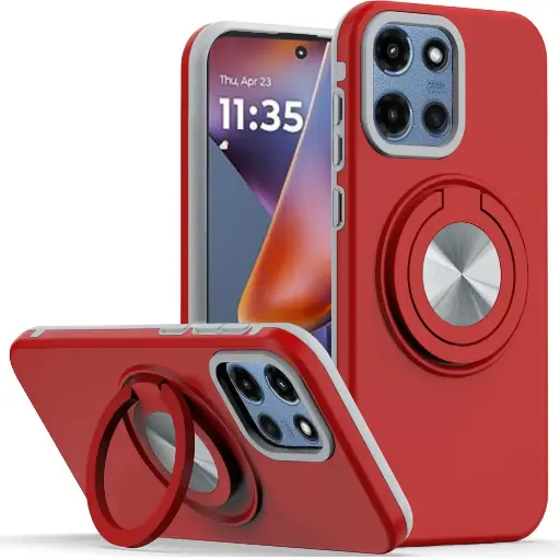 [QBRING-25G5g-Red] For Motorola Moto G 5G 2025 Metal CD Pattern Matte Finished Hybrid with Rotational Ring [Car Mount Friendly] Case - Red 