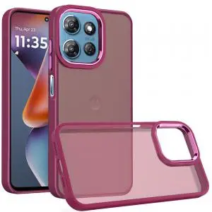 [QBPOLS-25G5g-Bgdy] For Motorola Moto G 5G 2025 Polished Oil Thick Acrylic Metal Button Hybrid Case Cover - Burgundy 