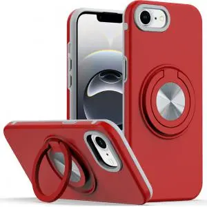 [QBRING-iP16E-Red] For iPhone 16E / SE4 Metal CD Pattern Matte Finished Hybrid with Rotational Ring [Car Mount Friendly 