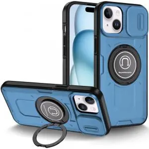 [QBPUSH-iP15-LBL] For iPhone 15 Push Mount Friendly Camera Protective [Ring Stand] Hybrid Case - Light Blue 