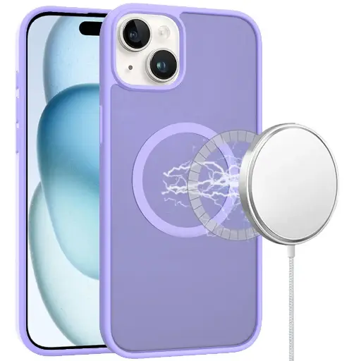 For iPhone 15 [Magnetic Circle] Smooth Safe Matte Feel Hybrid Case - Light Purple 