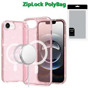 [PGMGSTGT-SE4-Pnk] [PolyBag] For iPhone 16E / SE4 Glitter Ultra [Magnetic Circle] Thick 3mm Transparent Hybrid - Pink 